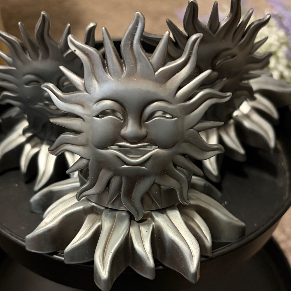 Silver Sun Face Sculpture tea light holders Set of 3